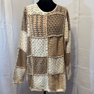 Vtg 90s Express Tricot Handknit Crochet Patchwork Knit Sweater Large